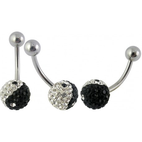 Piercing nombril boule cristal yin yang noir et blanc 