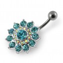 Nombril grosse fleur cristal bleu turquoise argent 925