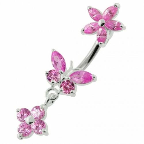 Nombril fleur rose avec papillon argent 925