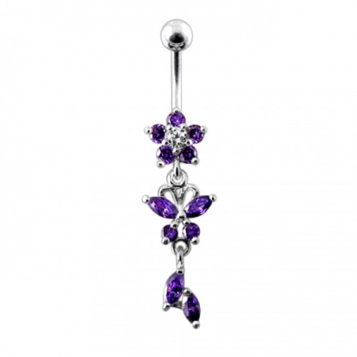 Nombril fleur pendante violet argent 925