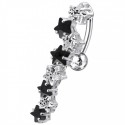 Nombril inversé fleur pendant long noir et blanc argent 925