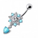 Nombril coeur diamant bleu turquoise pendant argent 925