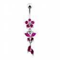 Nombril acier fleur papillon pendant fuchsia 