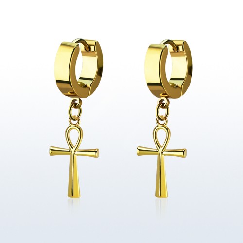 Boucle d'oreille anneau pendante croix de vie égyptienne doré anodisé