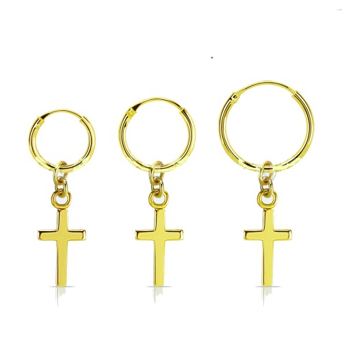 Boucle d'oreille anneau pendante croix plaqué or 750/000